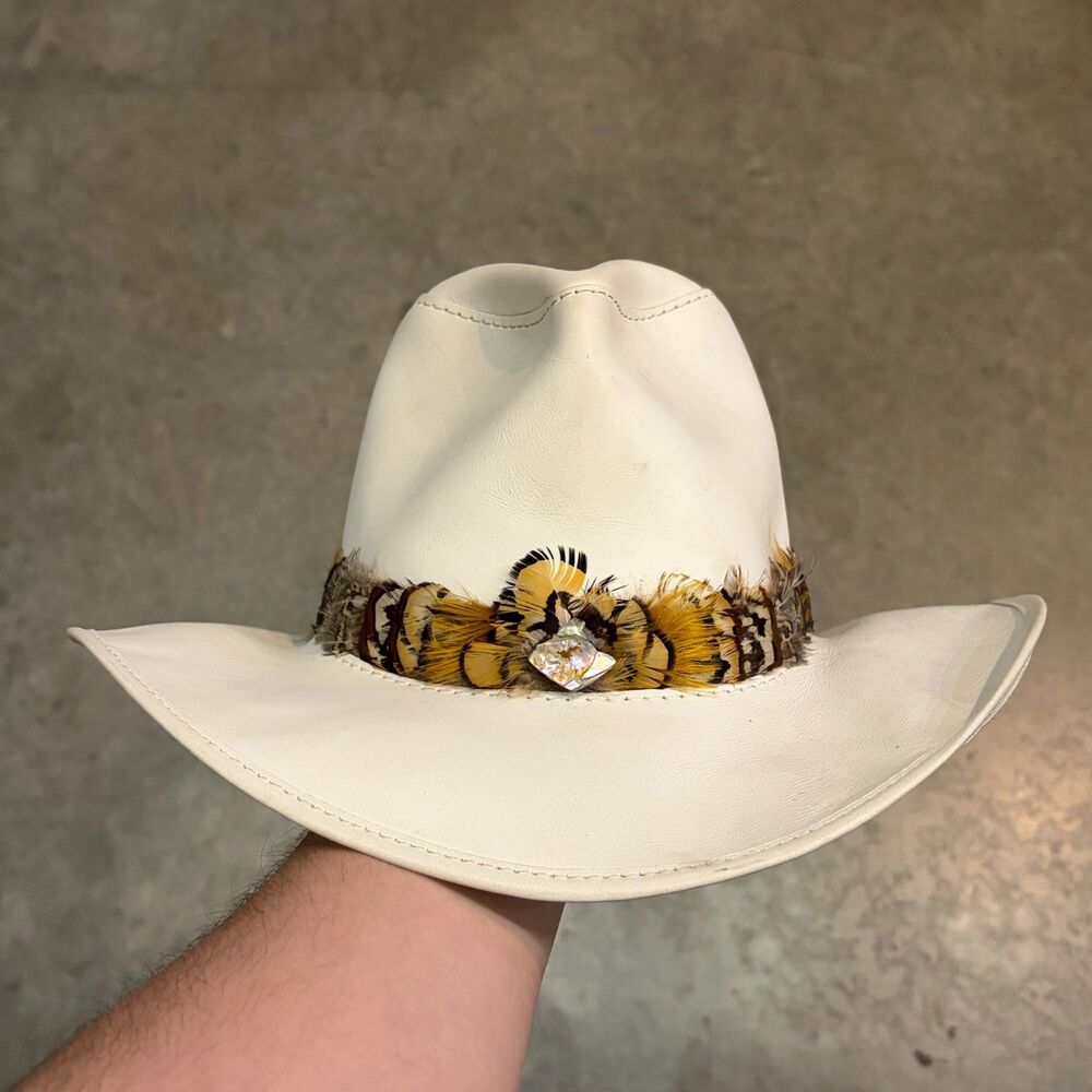 HEAD 'N HOME Duke Suede Leather White Beige Distressed Cowboy Hat Sz Bogie Small